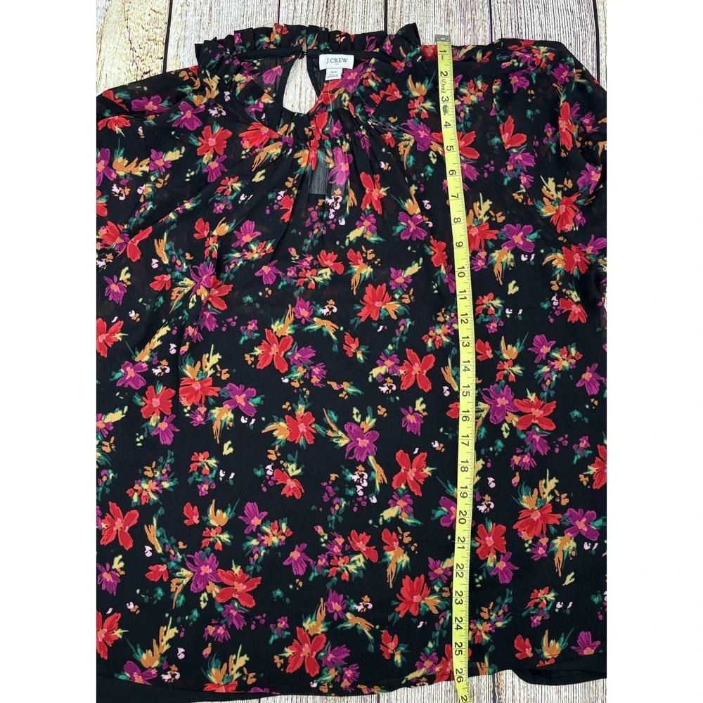 J Crew Floral Ruffle Neck Top Blouse Size 3X Black Multicolor Long‎ Sleeve NWT